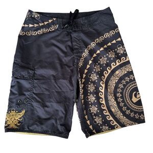Y2K Quicksilver Gold Tribal Skull Print Board Shorts